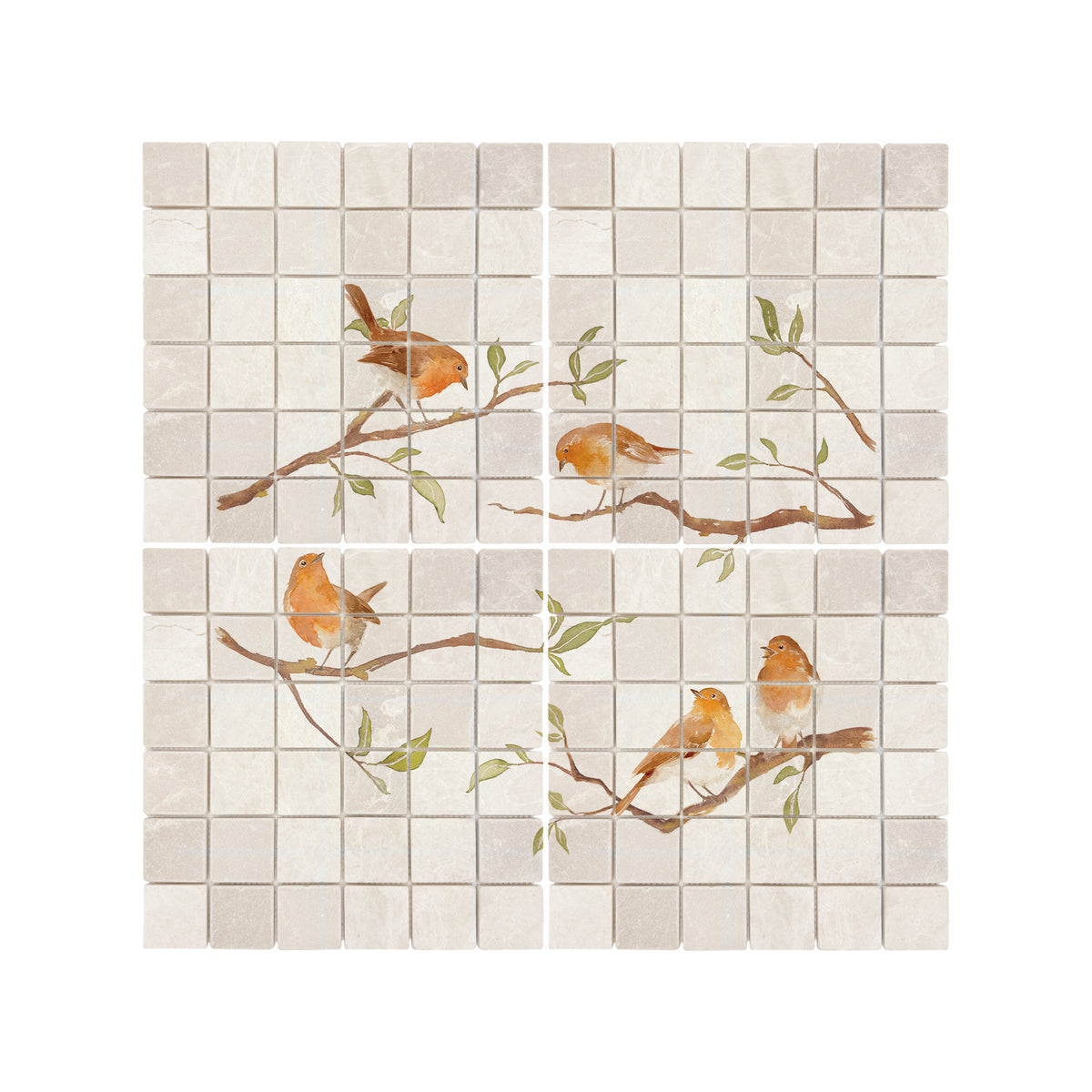 Countryside landscape marble mural creating a statement kitchen feature, Robins on Branches. Watercolour animals on wall tiles. 