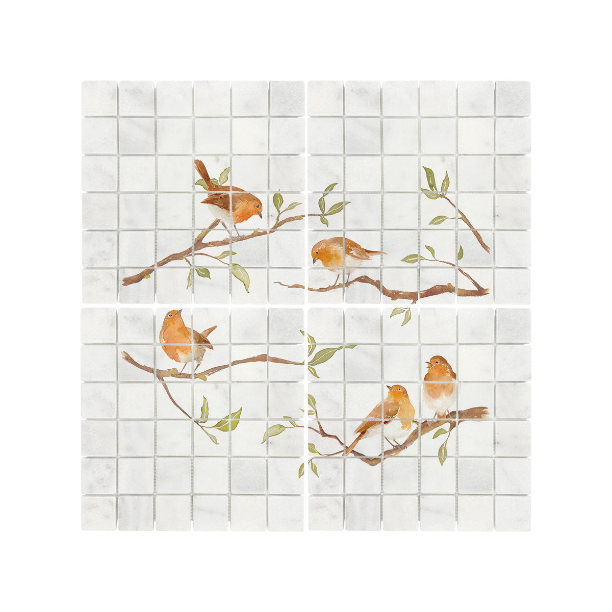 Countryside landscape marble mural creating a statement kitchen feature, Robins on Branches. Watercolour animals on wall tiles. 