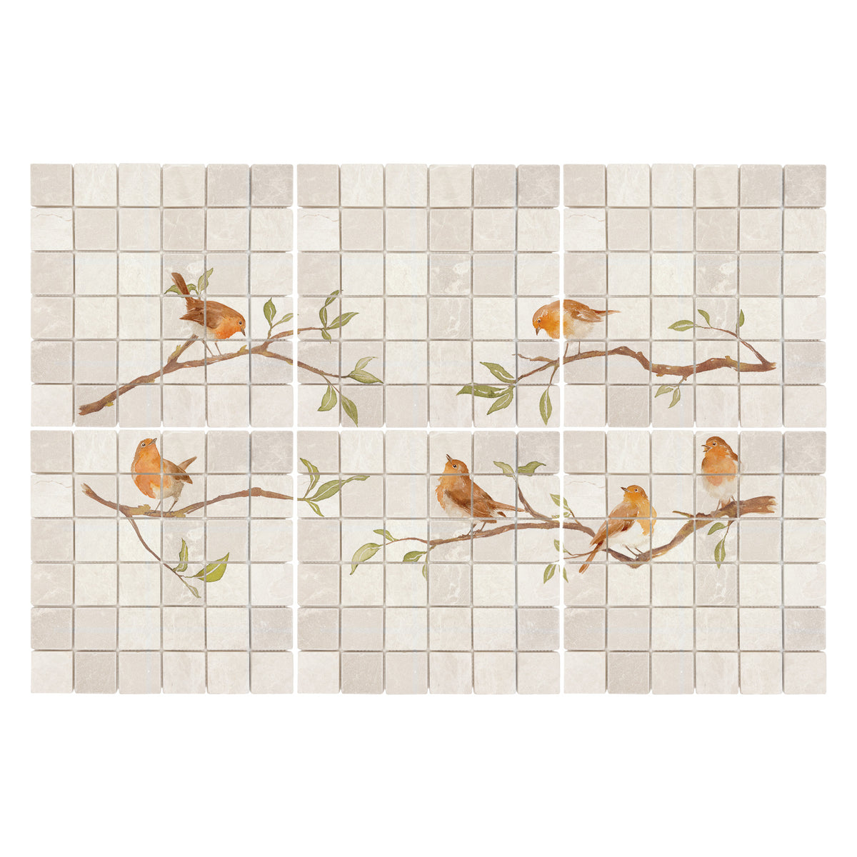 Countryside landscape marble mural creating a statement kitchen feature, Robins on Branches. Watercolour animals on wall tiles. 