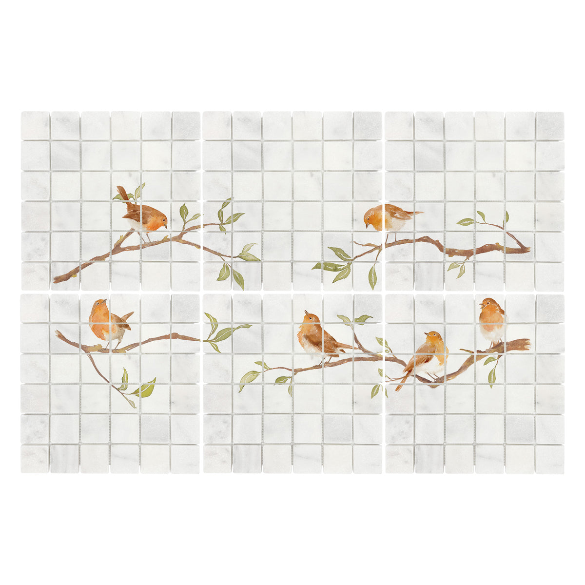 Countryside landscape marble mural creating a statement kitchen feature, Robins on Branches. Watercolour animals on wall tiles. 