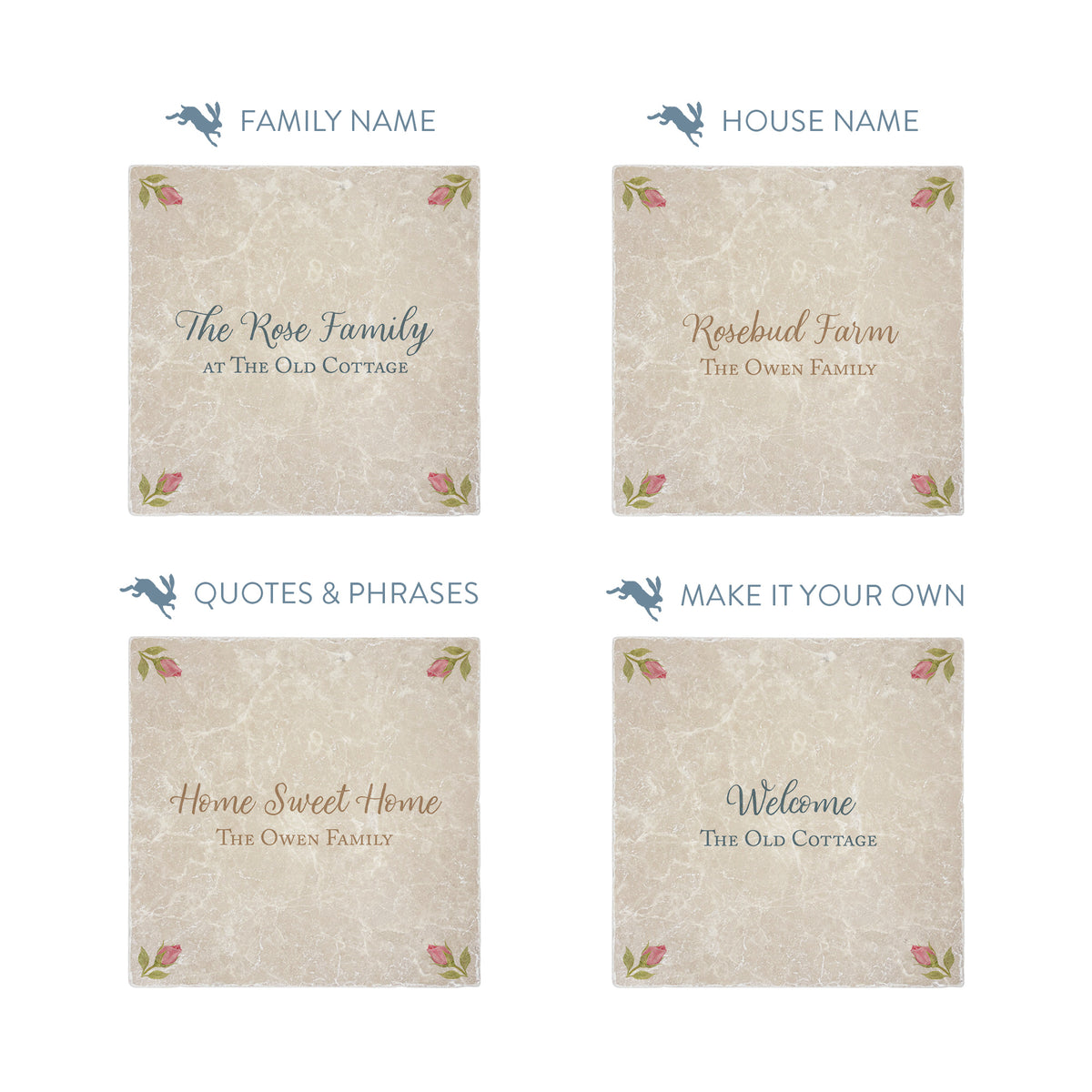 Rose Design personalisation options, showing names, house name, phrase and text colour options. 