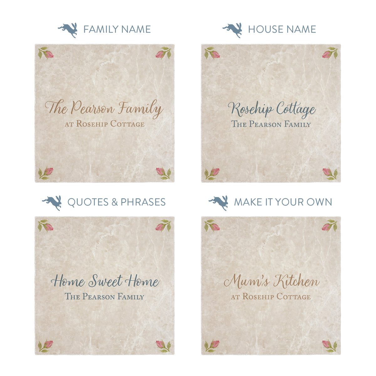 Rose Design personalisation options, showing names, house name, phrase and text colour options. 