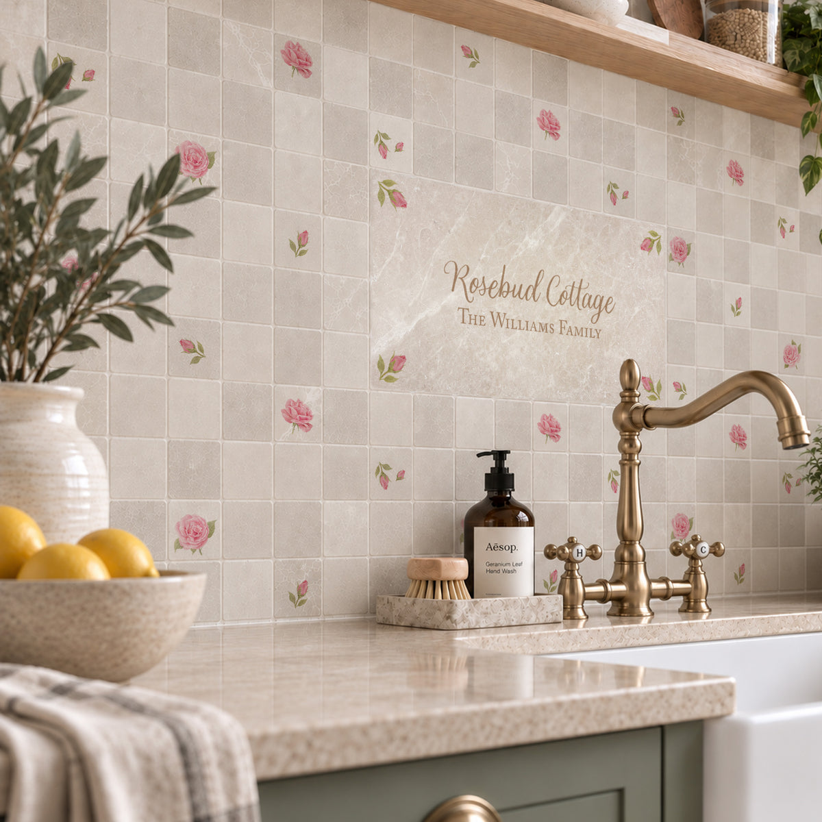 Rose design showing a personalised marble wall tile as the centrepiece. 