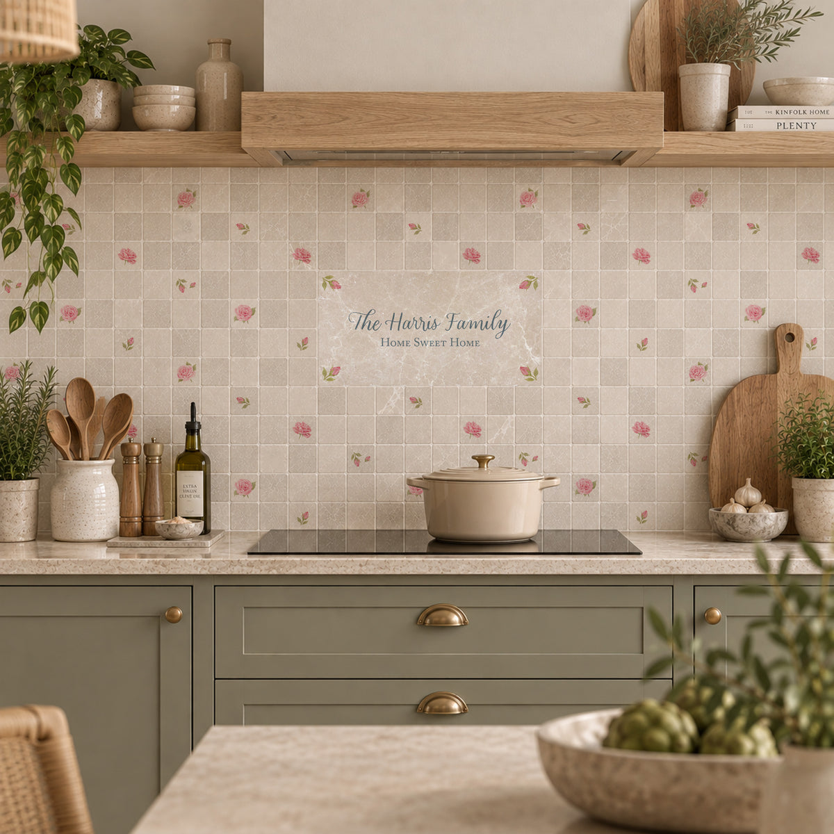 Rose design showing a personalised marble wall tile as the centrepiece. 