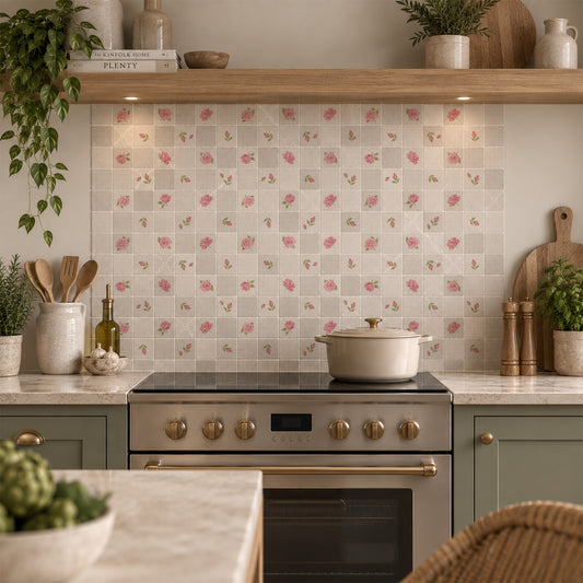 Watercolour roses and rose hips shown across individual mosaic pieces.