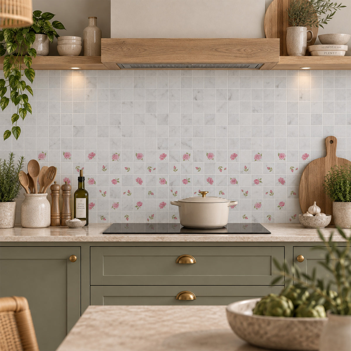 Watercolour roses and rose hips shown across individual mosaic pieces.