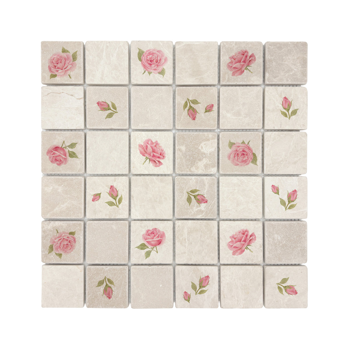 Watercolour roses and rose hips shown across individual mosaic pieces.