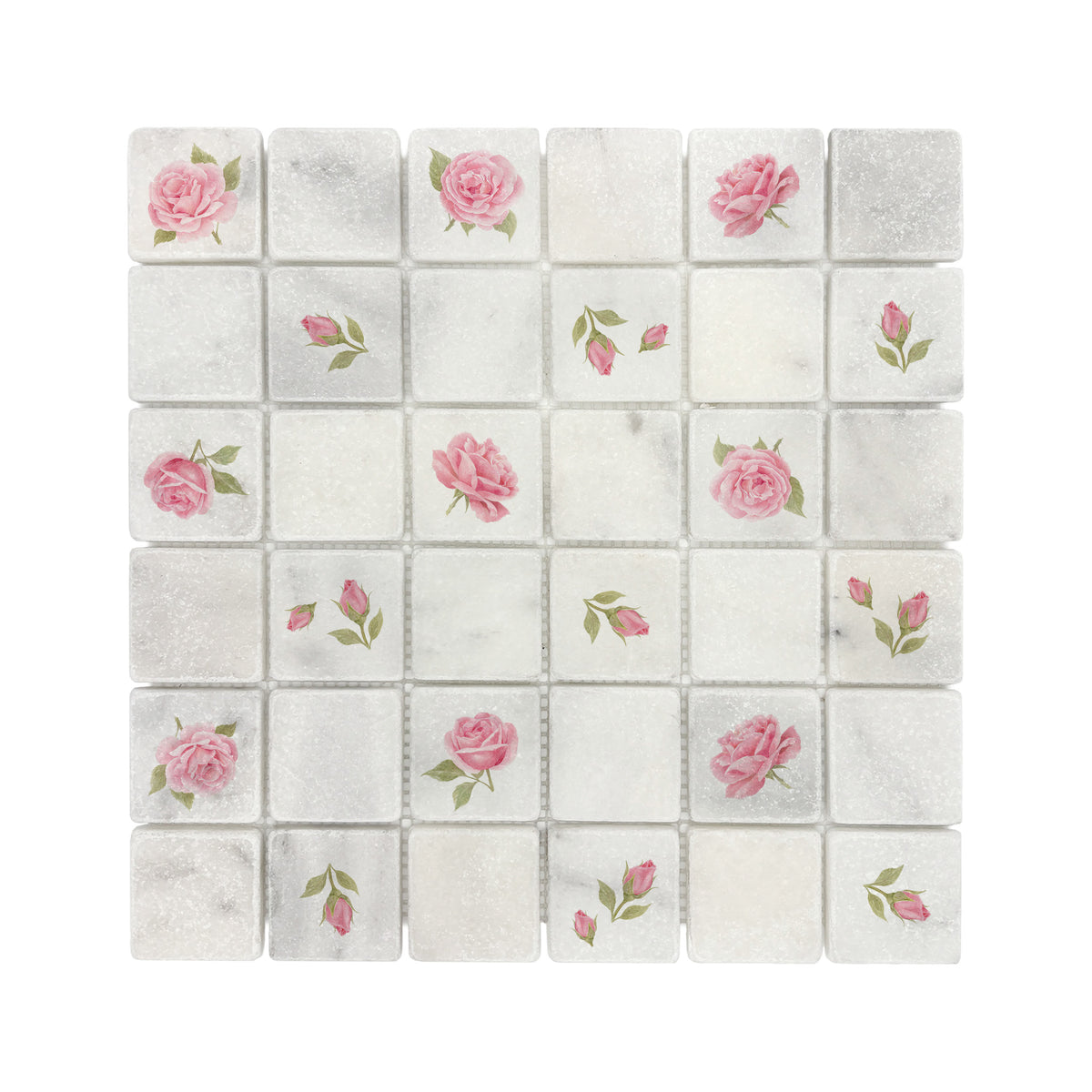 Watercolour roses and rose hips shown across individual mosaic pieces.
