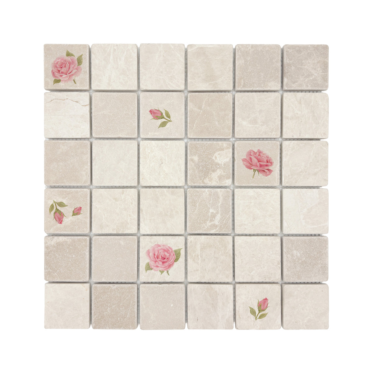 Watercolour roses and rose hips shown across individual mosaic pieces.