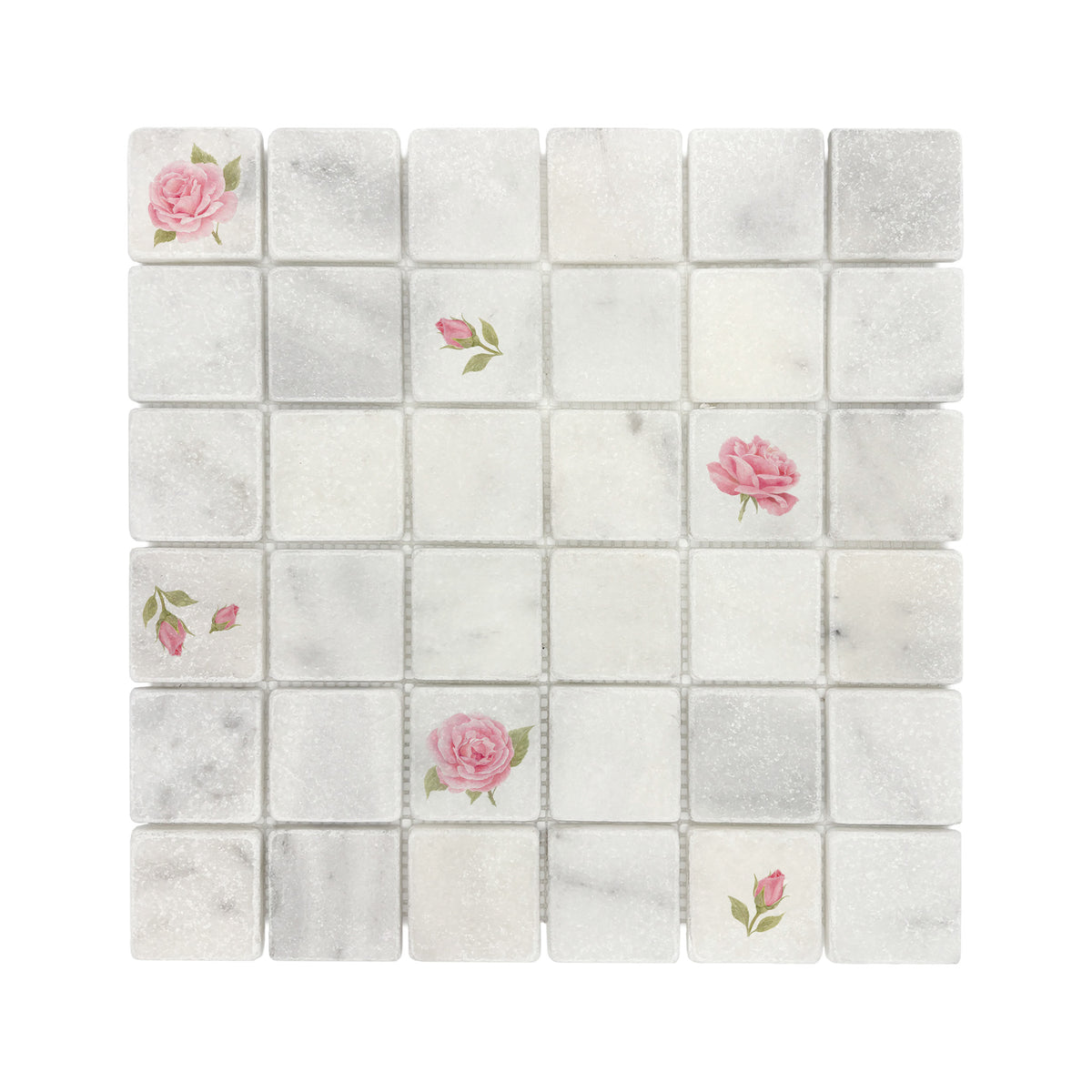 Watercolour roses and rose hips shown across individual mosaic pieces.