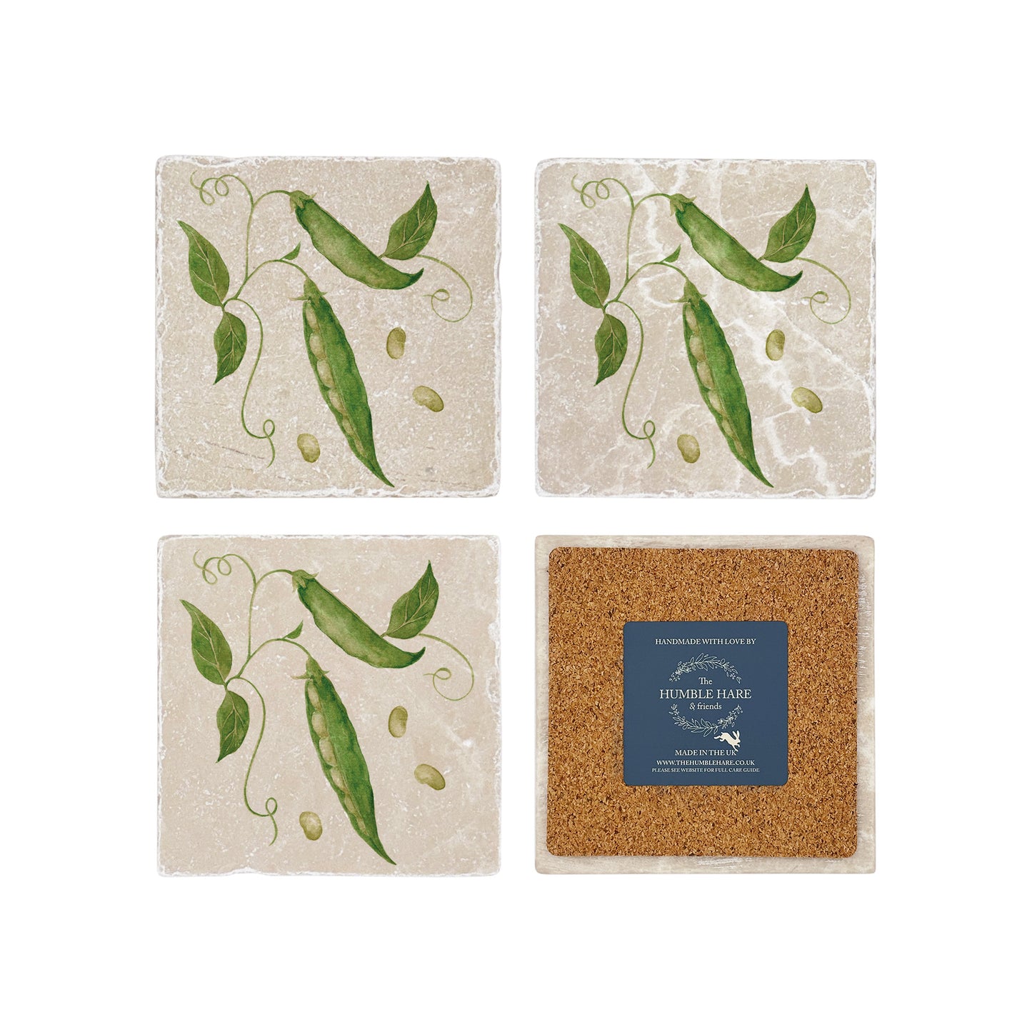 Elegant Runner Bean design on our classic marble coasters set of 4. In The Humble Hares Classic Watercolour style 