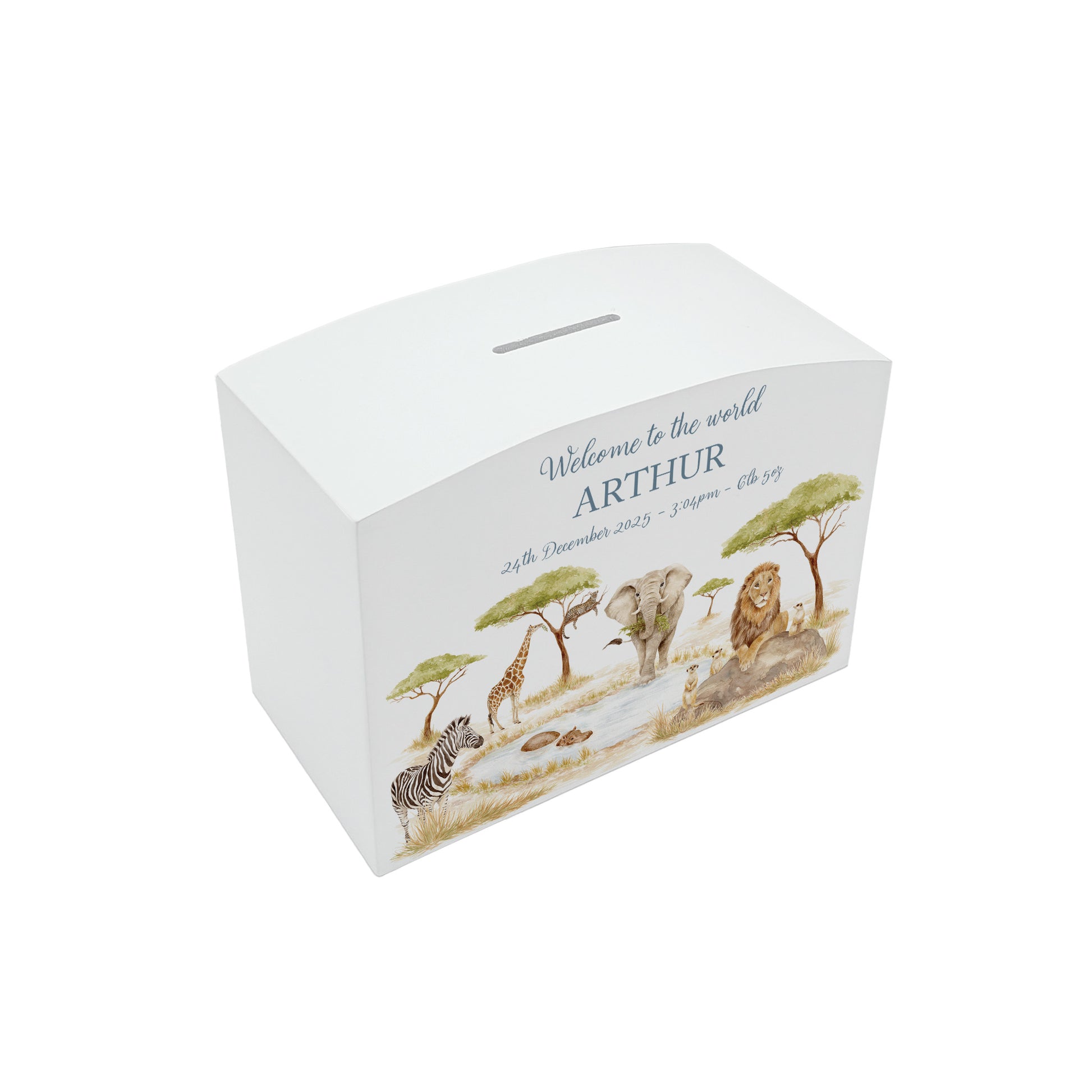 Hippo, meerkat, Lion ,, Elephant, Zebra, Leopard and Giraffe gathered around the watering hole- Pictured on a money box,  perfect Safari design for children's bedroom or nursery.  