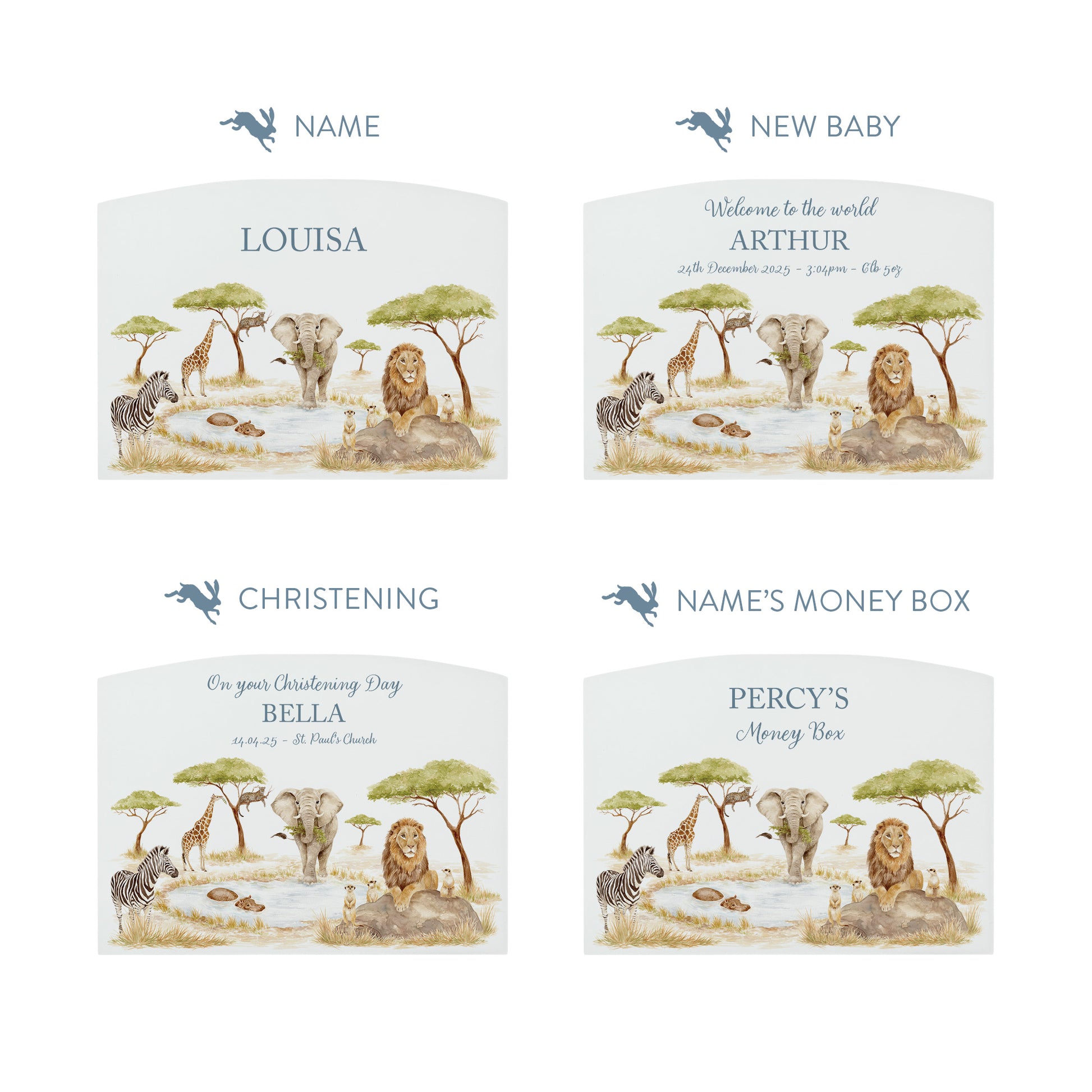 Hippo, meerkat, Lion ,, Elephant, Zebra, Leopard and Giraffe gathered around the watering hole- Pictured on a money box,  perfect Safari design for children's bedroom or nursery.  