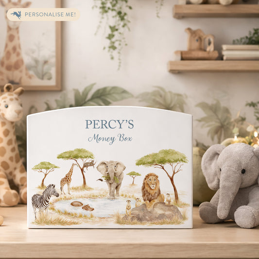 Hippo, meerkat, Lion ,, Elephant, Zebra, Leopard and Giraffe gathered around the watering hole- Pictured on a money box,  perfect Safari design for children's bedroom or nursery.  