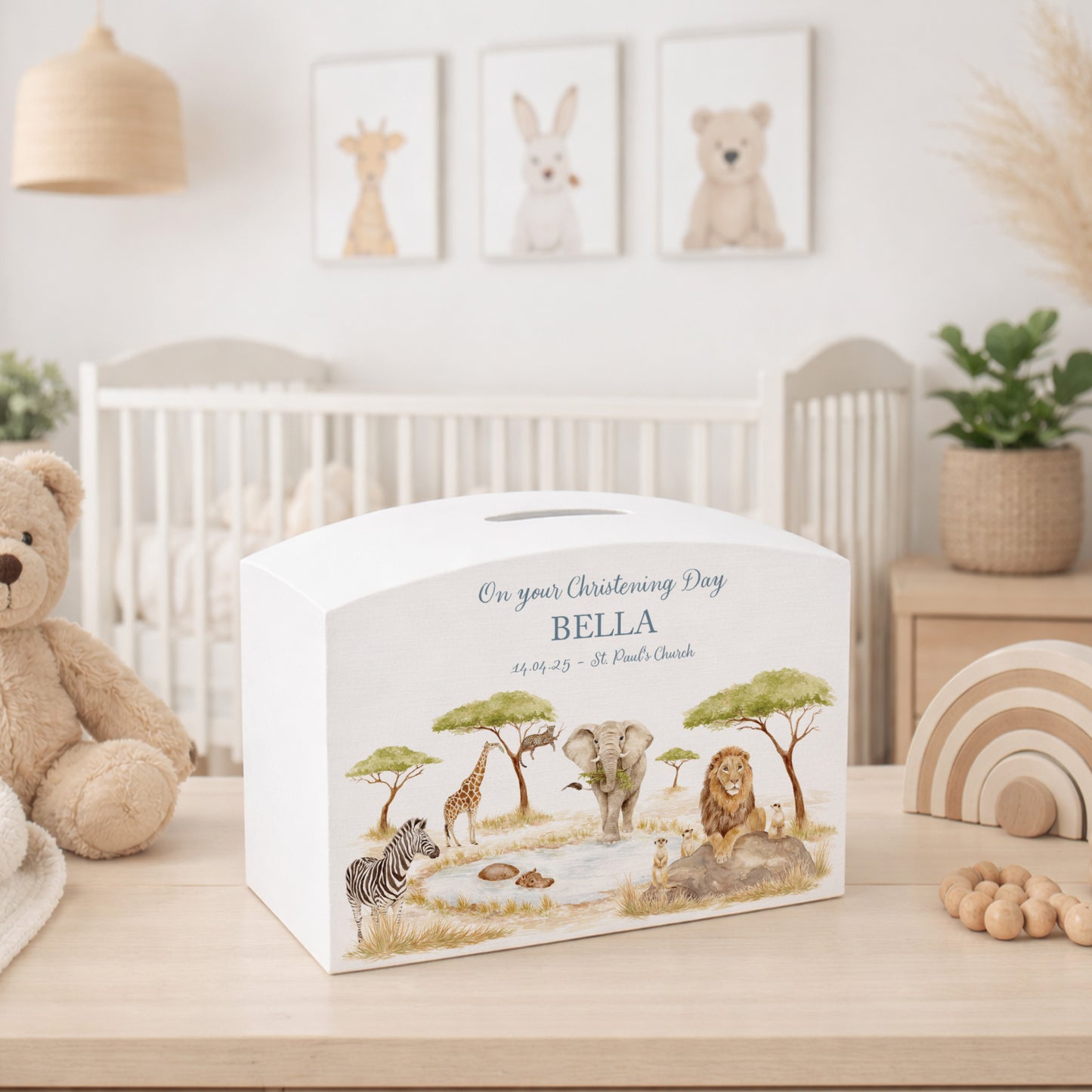 Hippo, meerkat, Lion ,, Elephant, Zebra, Leopard and Giraffe gathered around the watering hole- Pictured on a money box,  perfect Safari design for children's bedroom or nursery.  