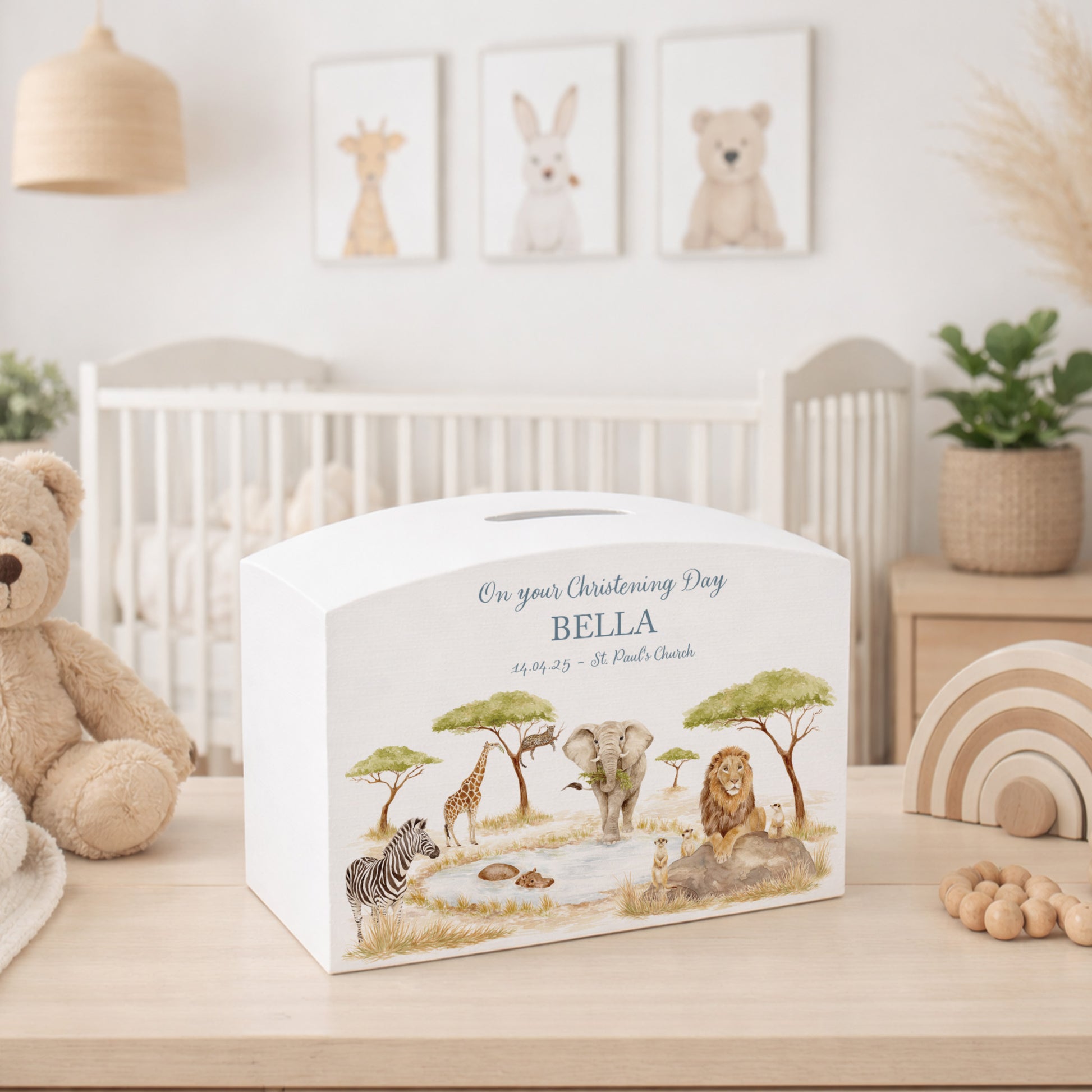 Hippo, meerkat, Lion ,, Elephant, Zebra, Leopard and Giraffe gathered around the watering hole- Pictured on a money box,  perfect Safari design for children's bedroom or nursery.  