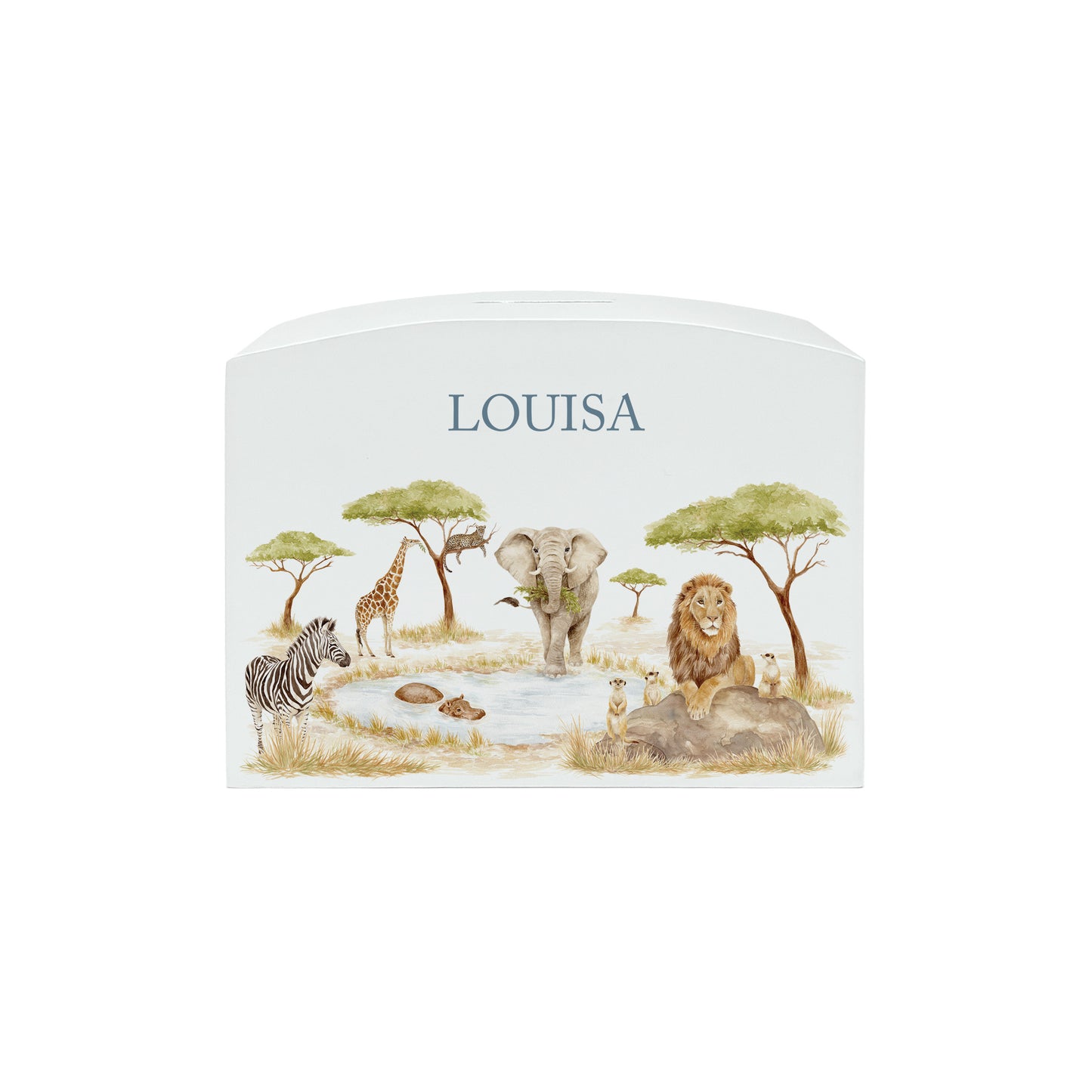 Hippo, meerkat, Lion ,, Elephant, Zebra, Leopard and Giraffe gathered around the watering hole- Pictured on a money box,  perfect Safari design for children's bedroom or nursery.  