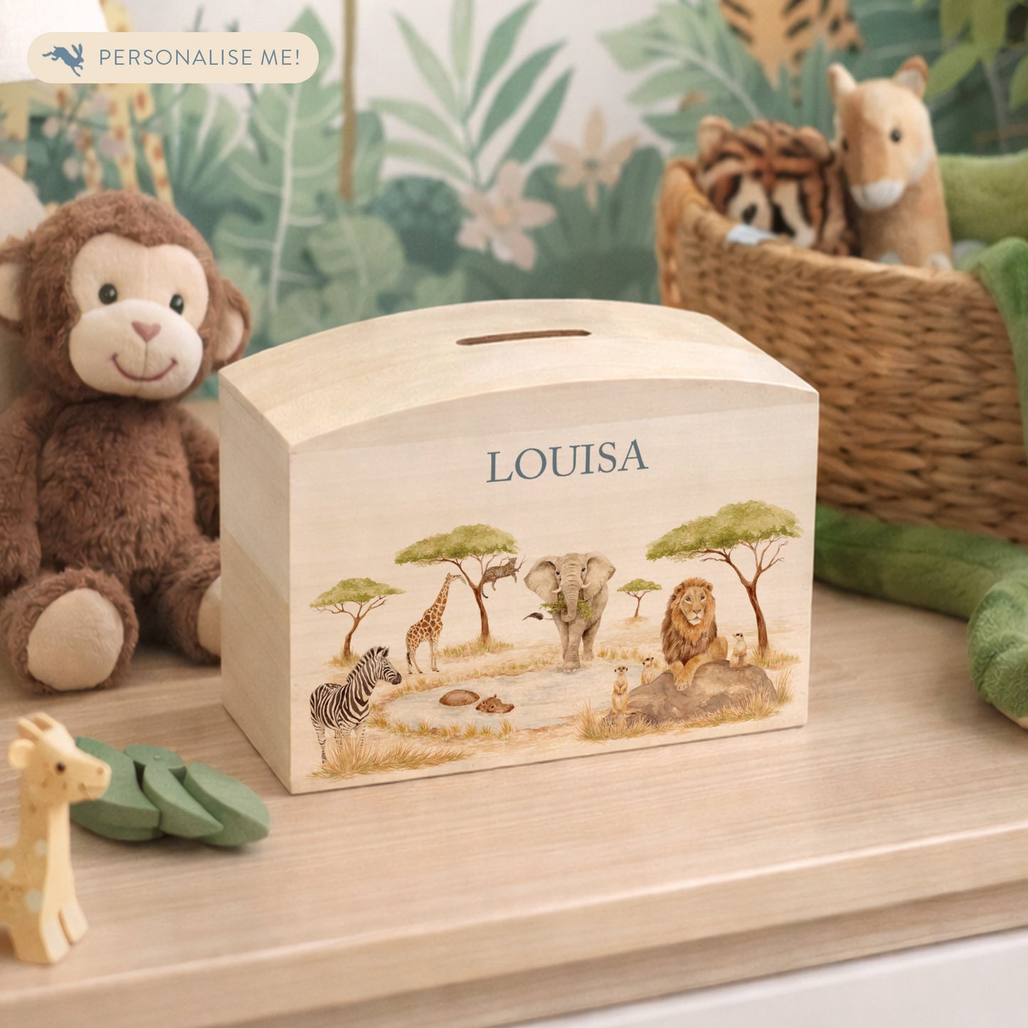 handmade watercolour baby money box gift for new baby nursery décor safari themed
