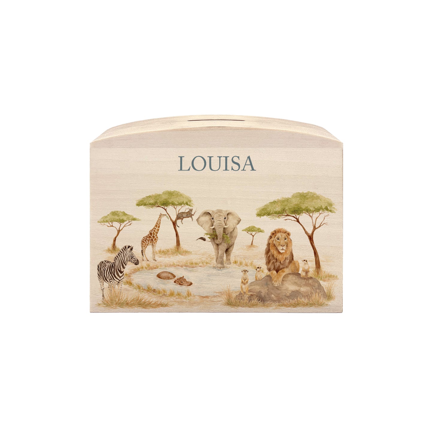 handmade watercolour baby money box gift for new baby nursery décor safari themed