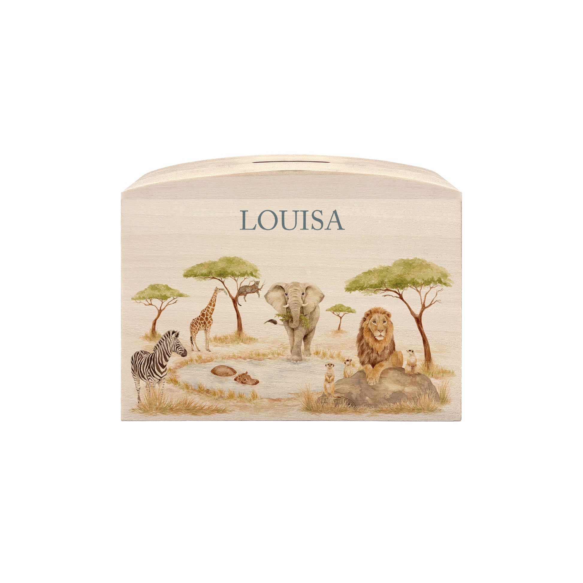 handmade watercolour baby money box gift for new baby nursery décor safari themed