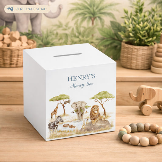handmade wooden money box gift for new baby nursery shelf styling, Savannah animal design with a hippo, lion, meerkat, Giraffe, Leopard, zebra and Giraffe