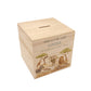 handmade baby money box with watercolour illustration in neutral nursery unique personalised gift with Animals from the savannah all gathered around the watering hole. 