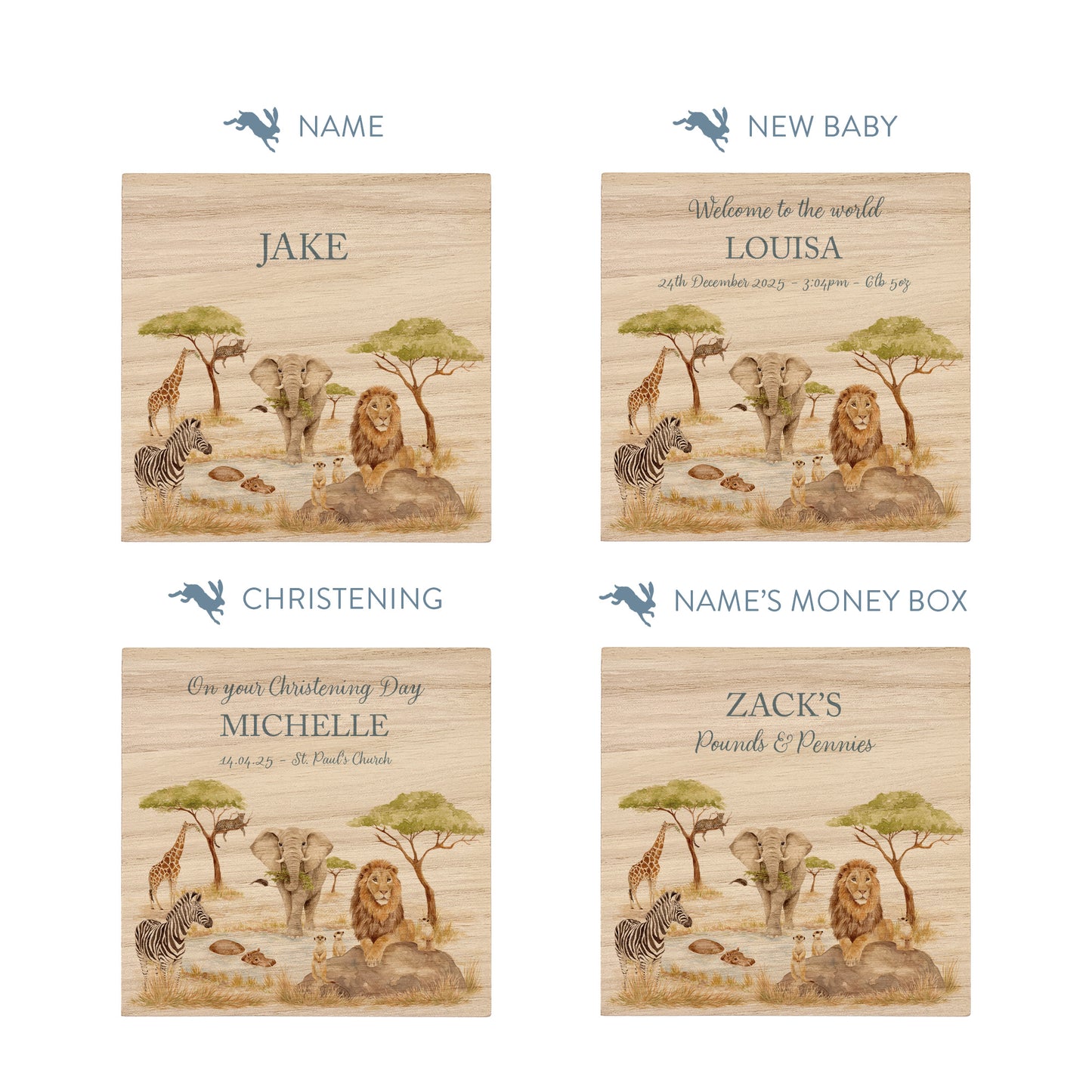 handmade baby money box with watercolour illustration in neutral nursery unique personalised gift with Animals from the savannah all gathered around the watering hole. 