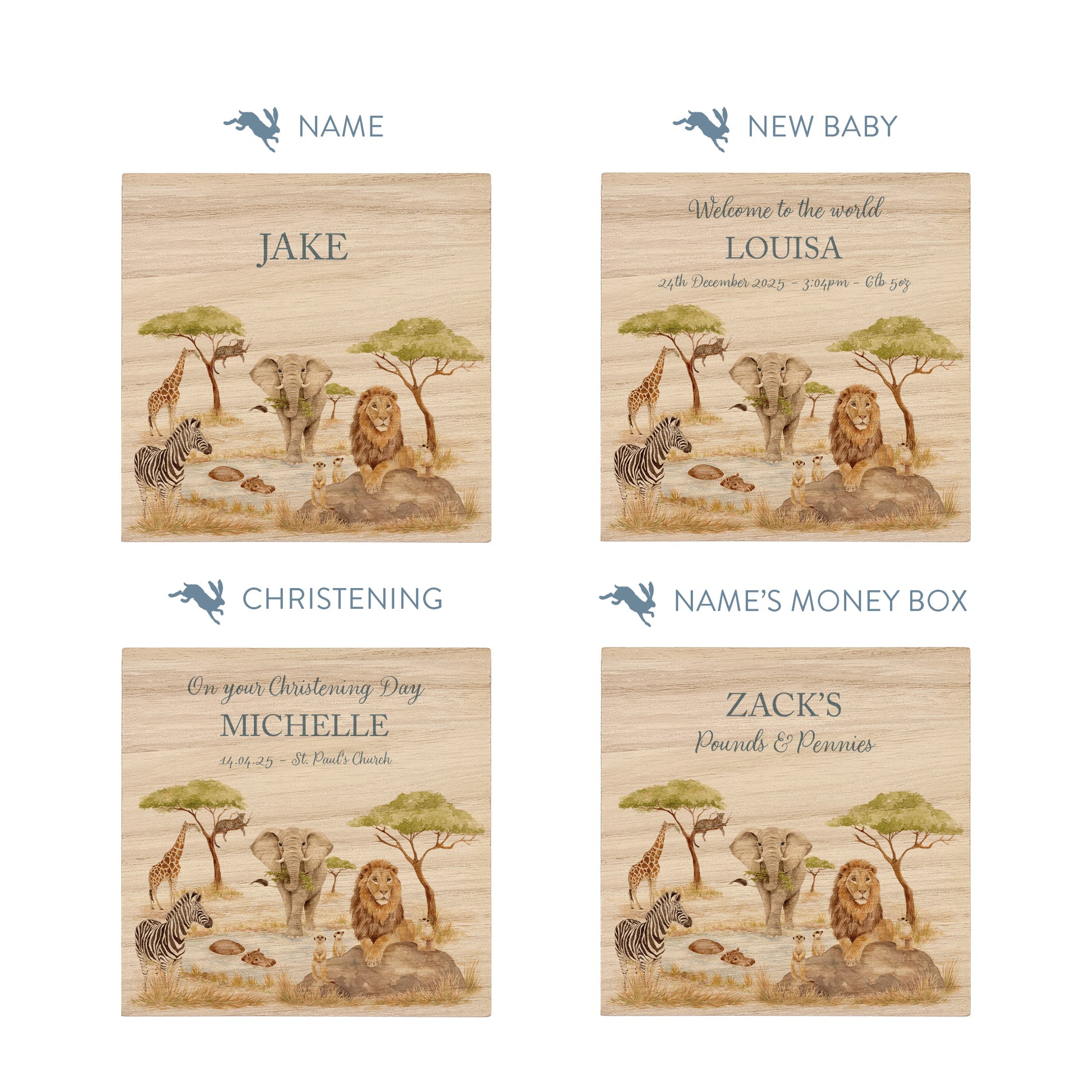 handmade baby money box with watercolour illustration in neutral nursery unique personalised gift with Animals from the savannah all gathered around the watering hole. 