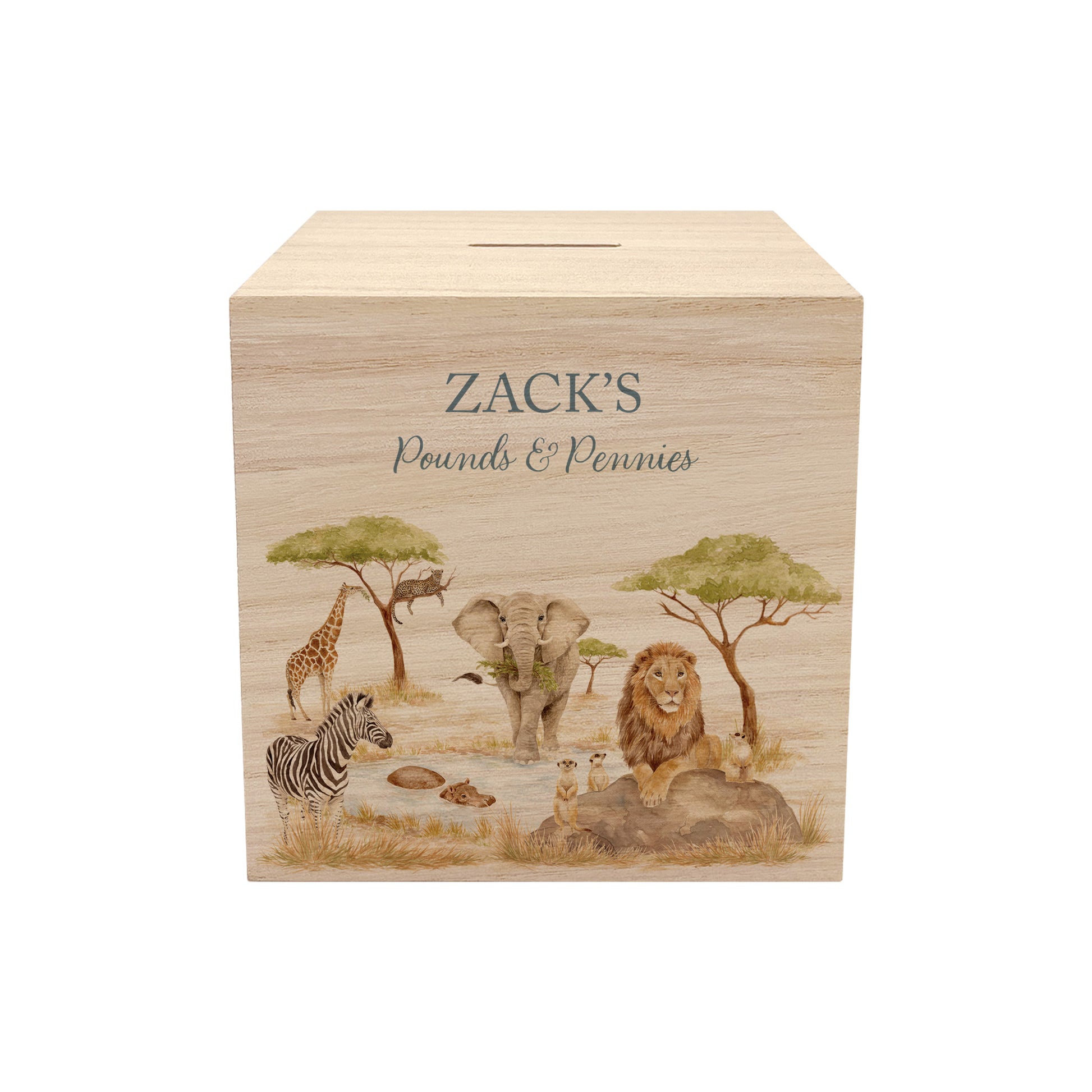 handmade baby money box with watercolour illustration in neutral nursery unique personalised gift with Animals from the savannah all gathered around the watering hole. 