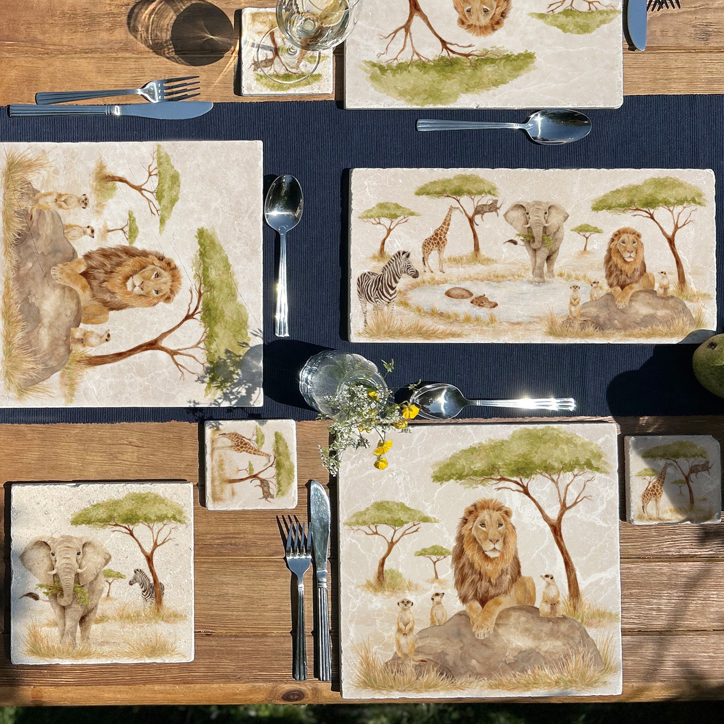The Savannah Collectors set is perfect for the safari lover, featuring beautiful watercolour designs on our much loved marble platters and coasters. You can find and Elephant, Zebra, Meerkats and Lion, Hippo, Giraffe and Leopard 