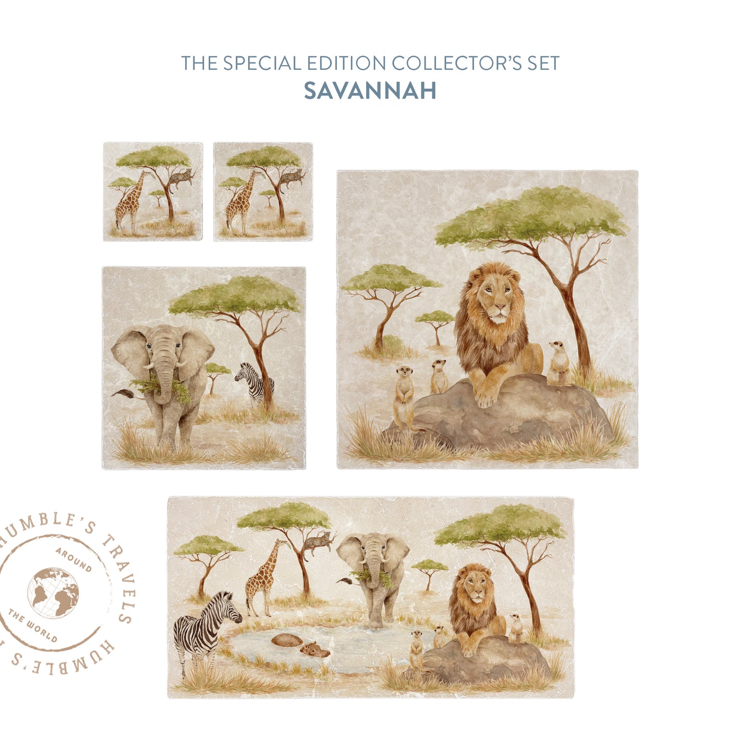 The Savannah Collectors set is perfect for the safari lover, featuring beautiful watercolour designs on our much loved marble platters and coasters. You can find and Elephant, Zebra, Meerkats and Lion, Hippo, Giraffe and Leopard 