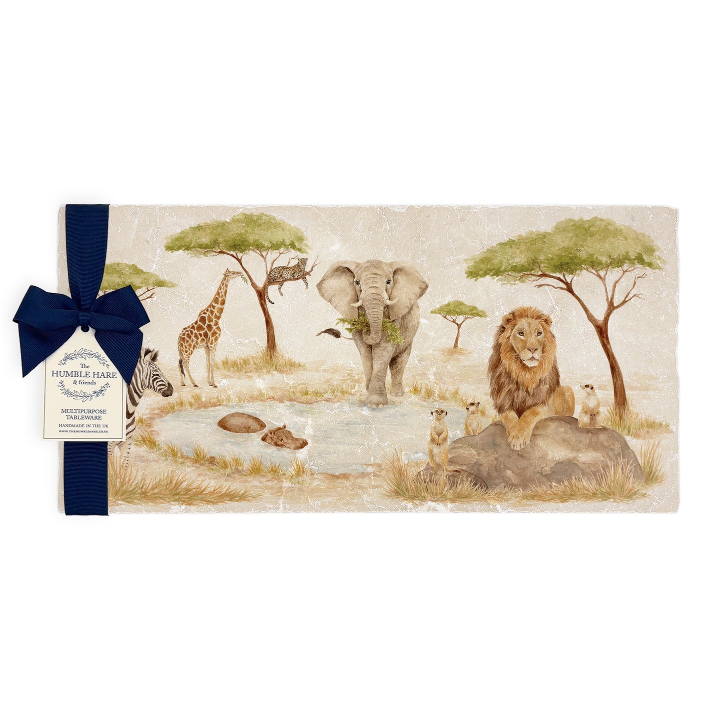 The Savannah Collectors set is perfect for the safari lover, featuring beautiful watercolour designs on our much loved marble platters and coasters. You can find and Elephant, Zebra, Meerkats and Lion, Hippo, Giraffe and Leopard 