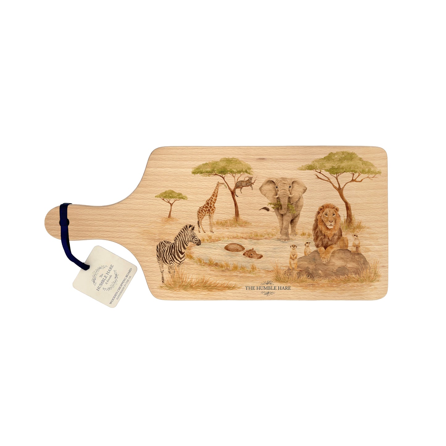 Savannah animals gathering around the watering hole on our flip chopping boards. 