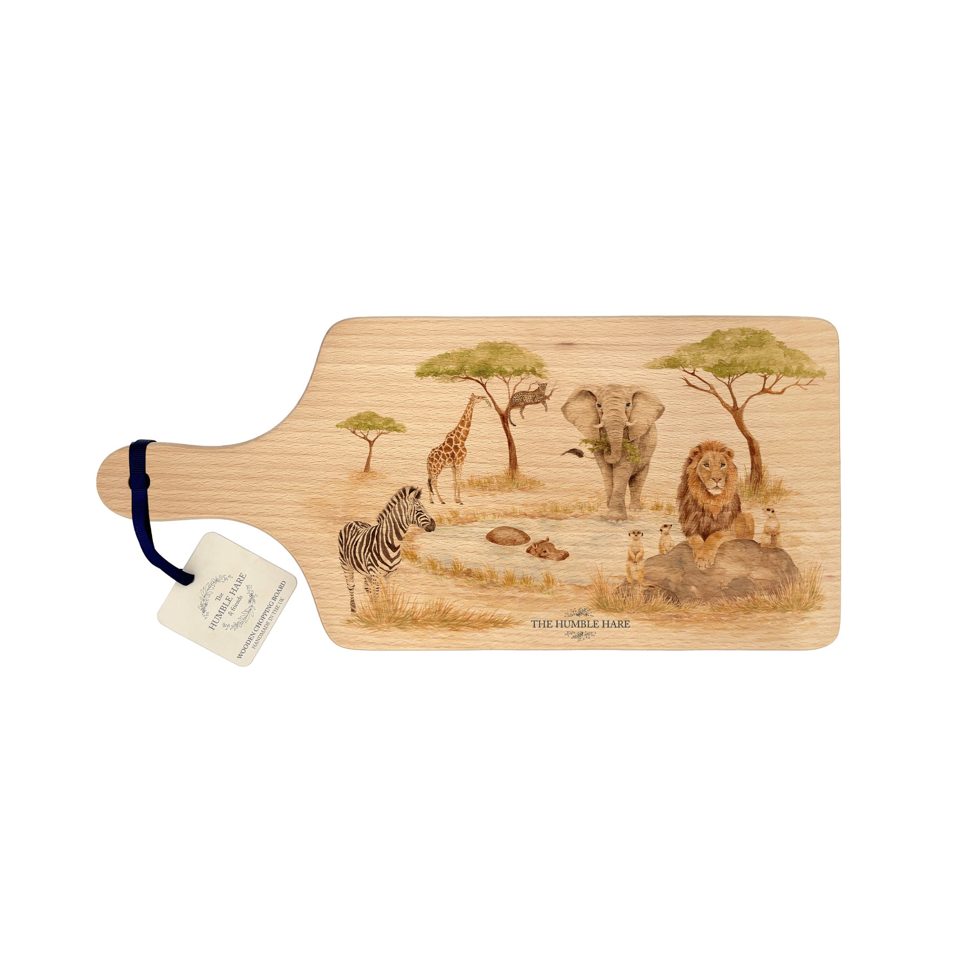 Savannah animals gathering around the watering hole on our flip chopping boards. 