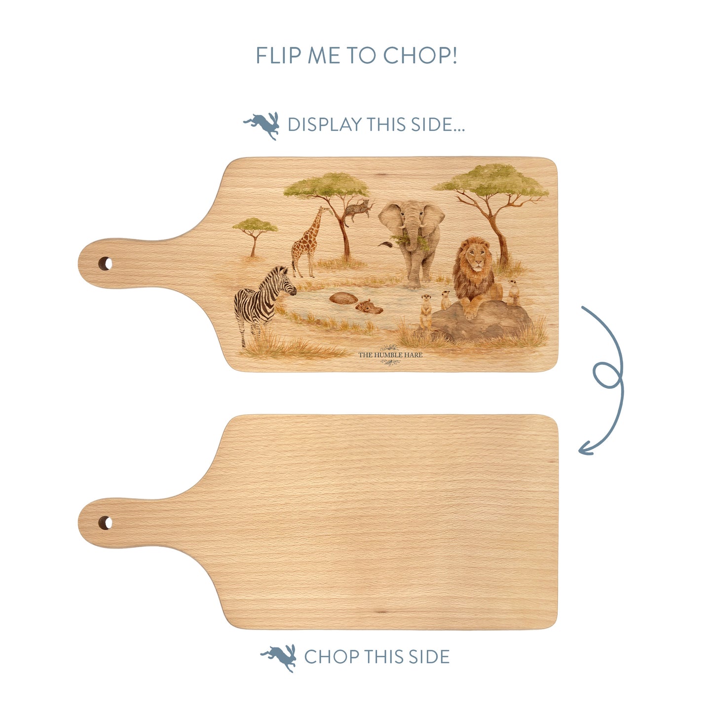 Savannah animals gathering around the watering hole on our flip chopping boards. 