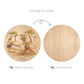 Wooden cutting board with a safari animal illustration on one side and plain wood on the other, with text indicating which side to display and which to chop.