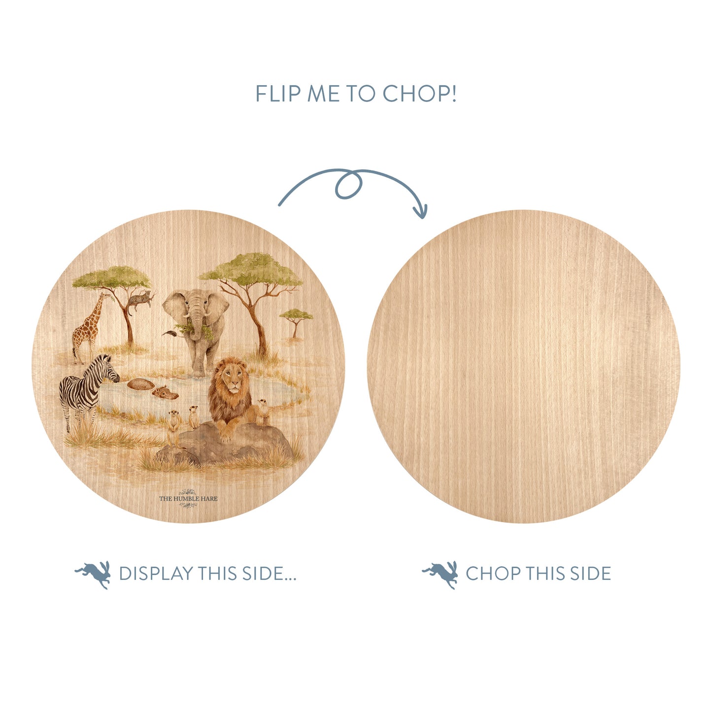 Wooden cutting board with a safari animal illustration on one side and plain wood on the other, with text indicating which side to display and which to chop.