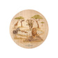 Round beech wood chopping board featuring a watercolour design of safari animals in the African savannah.