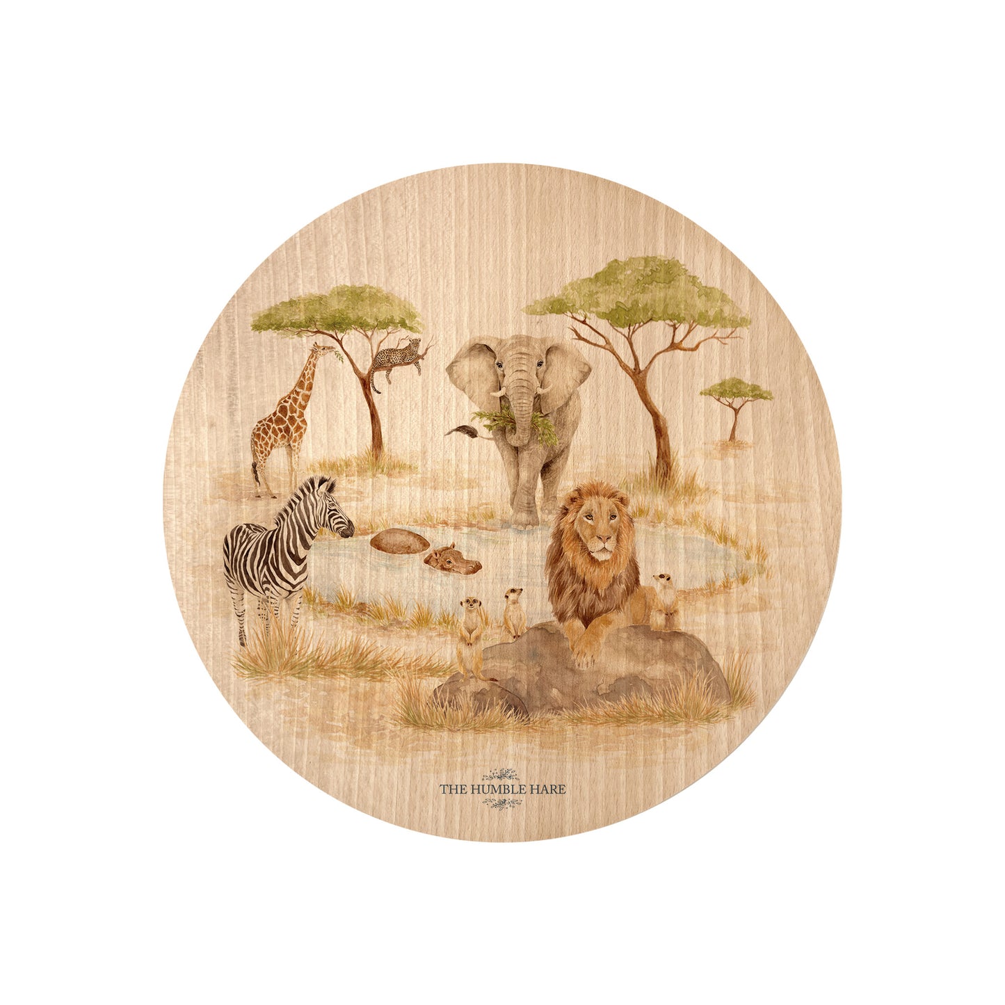 Round beech wood chopping board featuring a watercolour design of safari animals in the African savannah.