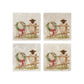 A set of four square marble coasters with a watercolour illustration of a farmyard scene, with sheep in the snow wearing a Christmas wreath.