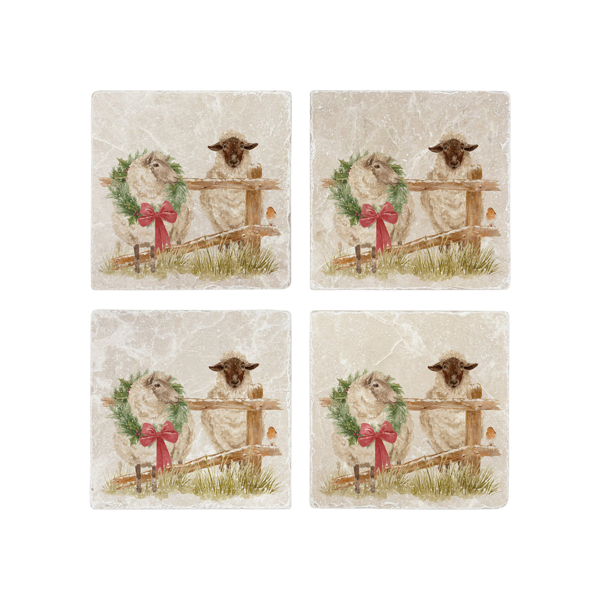 A set of four square marble coasters with a watercolour illustration of a farmyard scene, with sheep in the snow wearing a Christmas wreath.