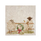 A large square marble platter featuring a watercolour illustration of a farmyard scene of sheep in the snow wearing a Christmas wreath.