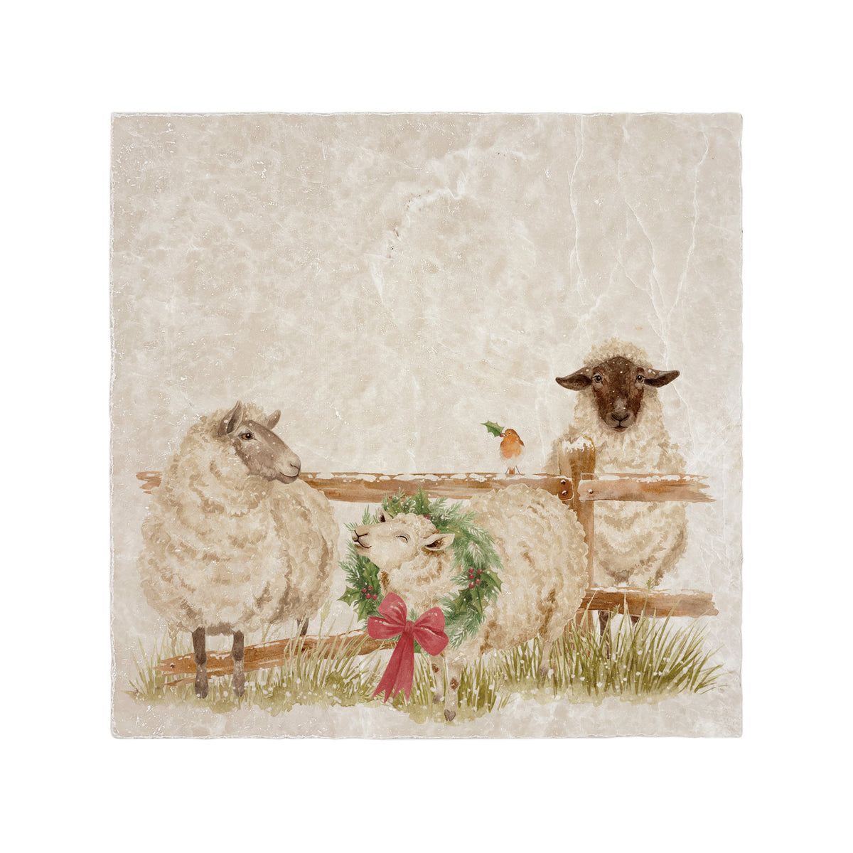 A large square marble platter featuring a watercolour illustration of a farmyard scene of sheep in the snow wearing a Christmas wreath.