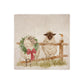 A medium marble platter featuring a watercolour illustration of a farmyard scene of sheep in the snow wearing a Christmas wreath.