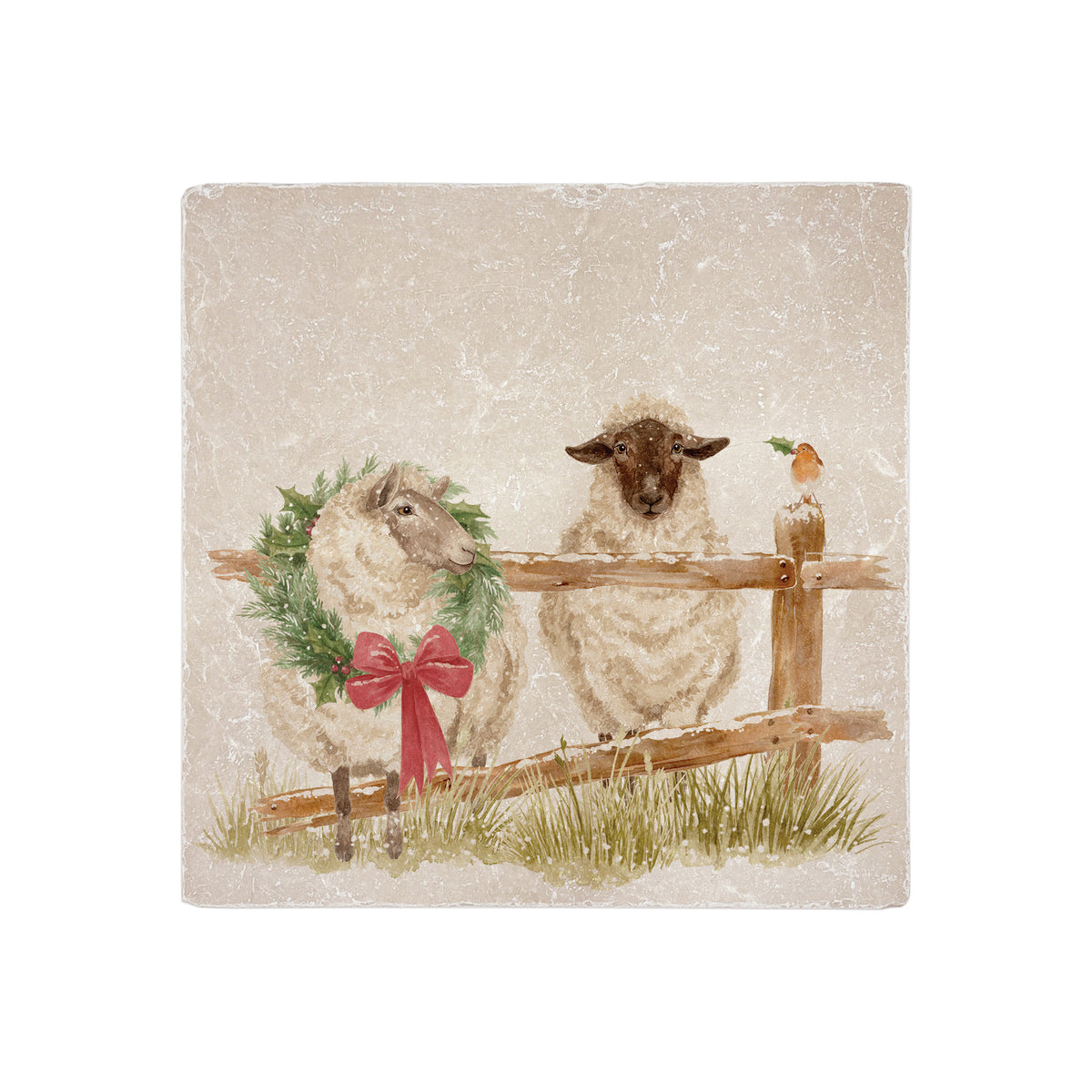 A medium marble platter featuring a watercolour illustration of a farmyard scene of sheep in the snow wearing a Christmas wreath.