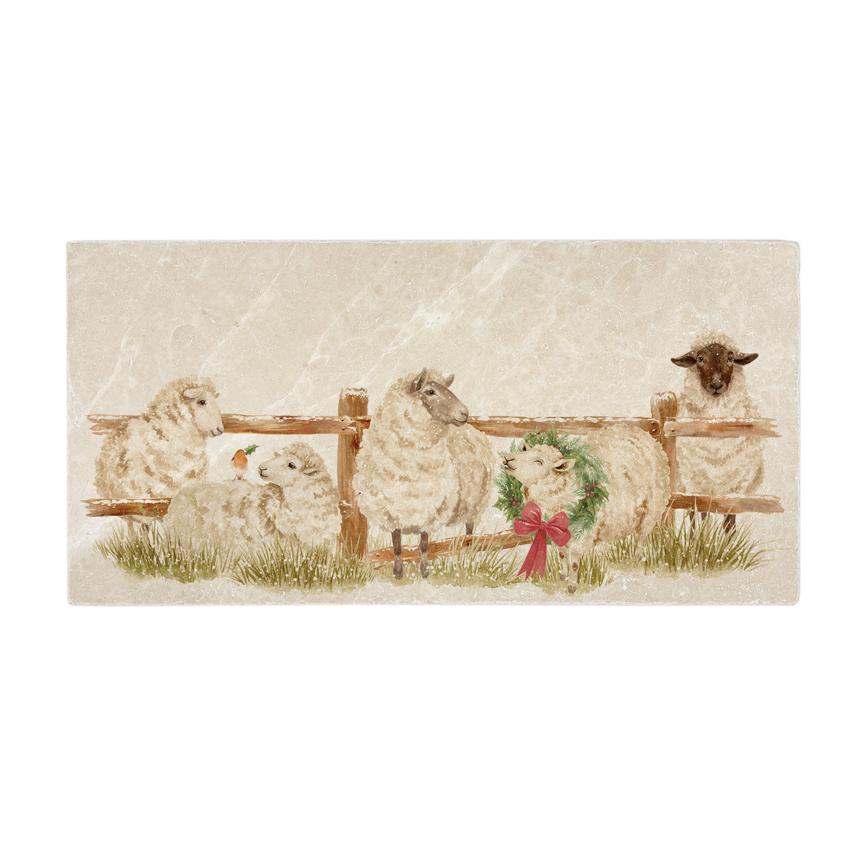 A rectangular marble sharing platter featuring a farmyard scene of sheep in the snow wearing a Christmas wreath.