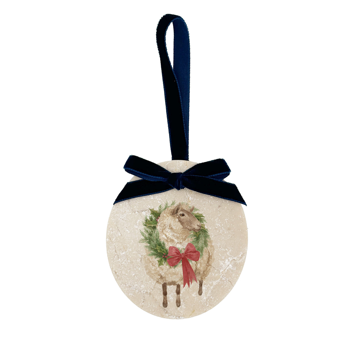 An oval marble Christmas ornament featuring a vintage-style illustration of a sheep in a green wreath with a red bow, hanging from a dark navy blue velvet ribbon.