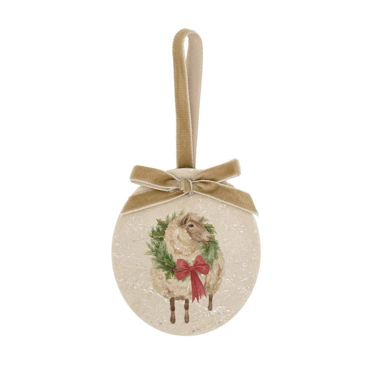 An oval Christmas ornament featuring a sheep wearing a green wreath and red bow, suspended from a gold velvet ribbon loop with a matching ribbon bow at the top, set against a plain white background.