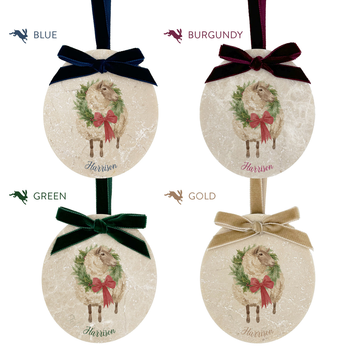 Four oval marble Christmas ornaments shown in colour options: blue, burgundy, green, and gold. Each ornament features a vintage watercolour sheep wearing a green wreath and red bow, with a personalised name underneath.