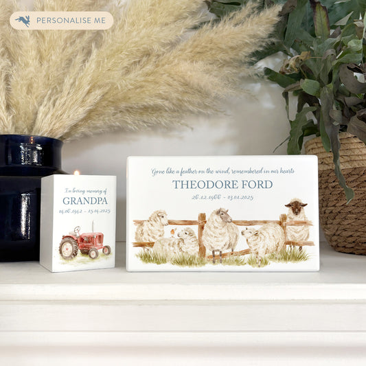 Luxury solid wooden white painted Urn with Sheep lines up along a fence with a little Robin sitting on the sheep watercolour illustration our urns and Caskets for displaying or burying ashes. Customisable and can be personalised. Perfect funeral memory keepsake urn, for storing ashes for humans and pets. 